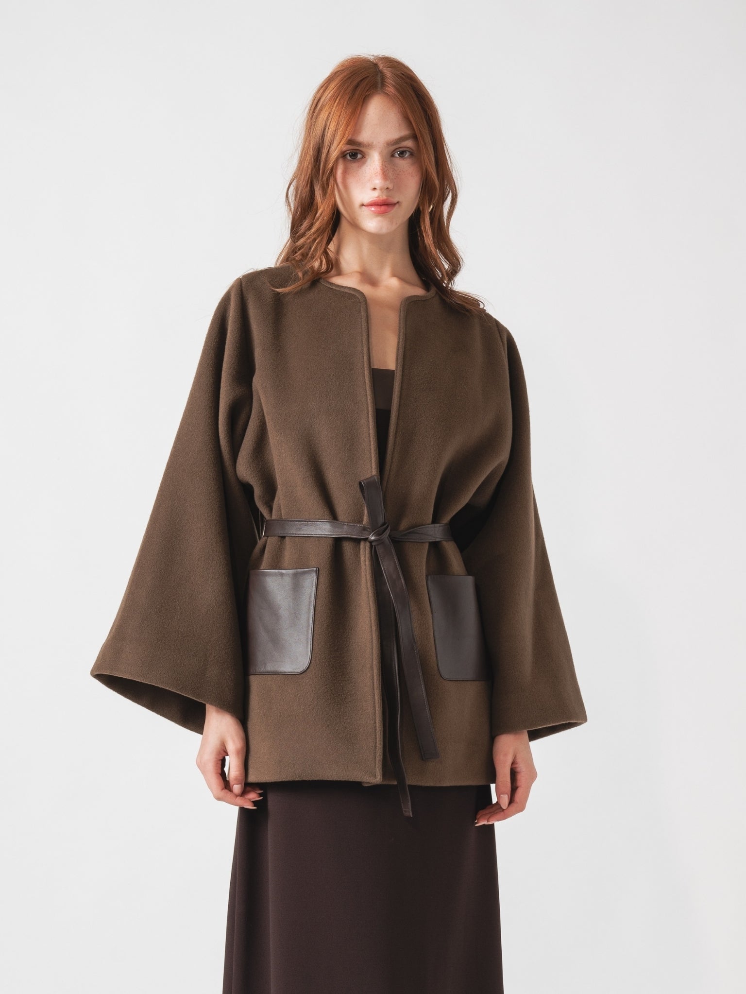FUSION COAT - BROWN CASHMERE BLEND & LEATHER