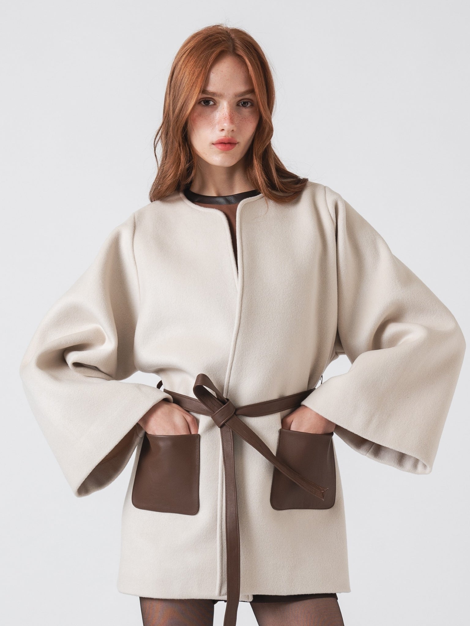 FUSION COAT - OFF WHITE CASHMERE BLEND & LEATHER