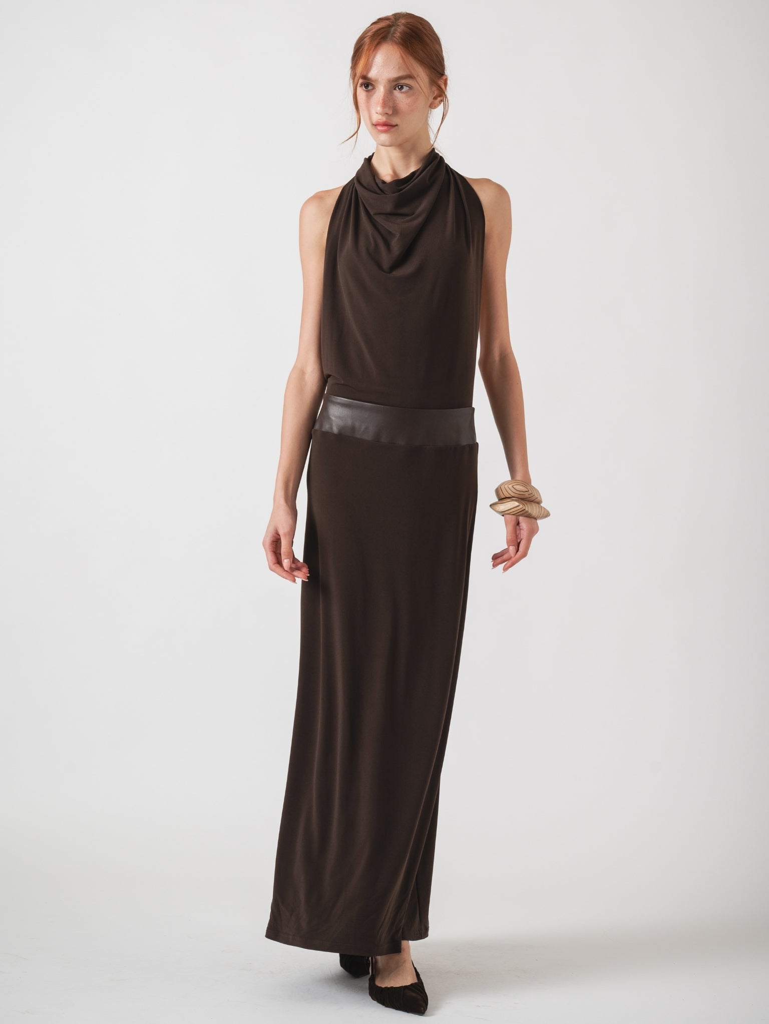 HALO MAXI DRESS - BROWN WITH LAMBSKIN LEATHER