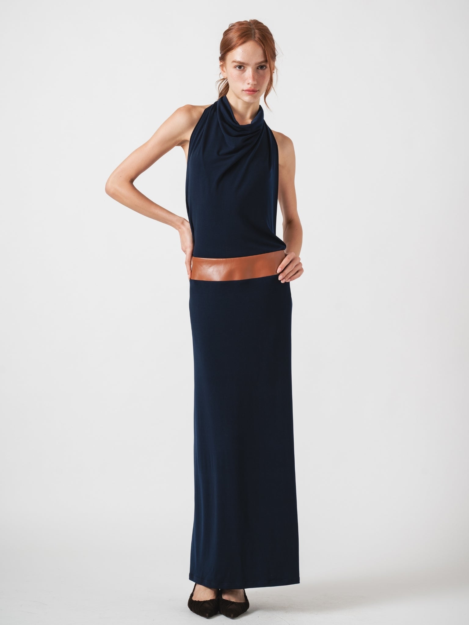 HALO MAXI DRESS - NAVY & HAVANE LAMBSKIN LEATHER