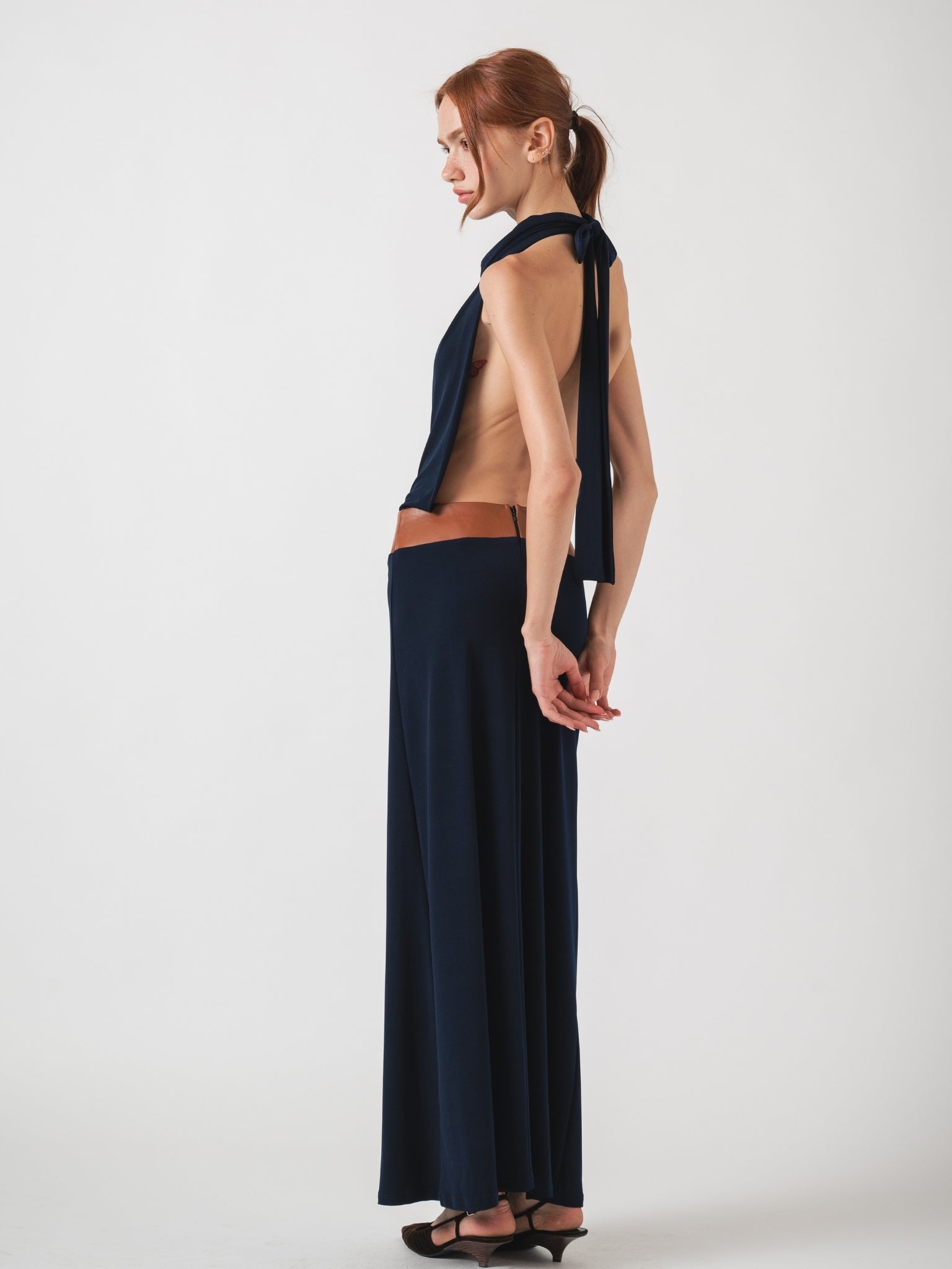 HALO MAXI DRESS - NAVY & HAVANE LAMBSKIN LEATHER