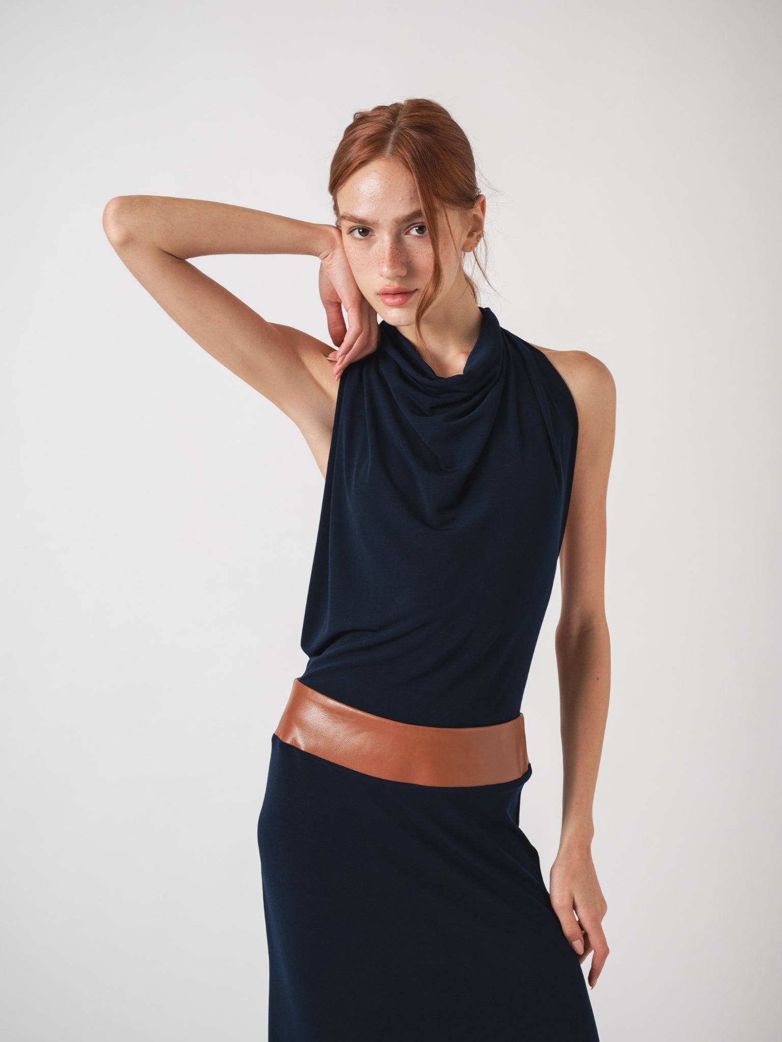 HALO MAXI DRESS - NAVY & HAVANE LAMBSKIN LEATHER