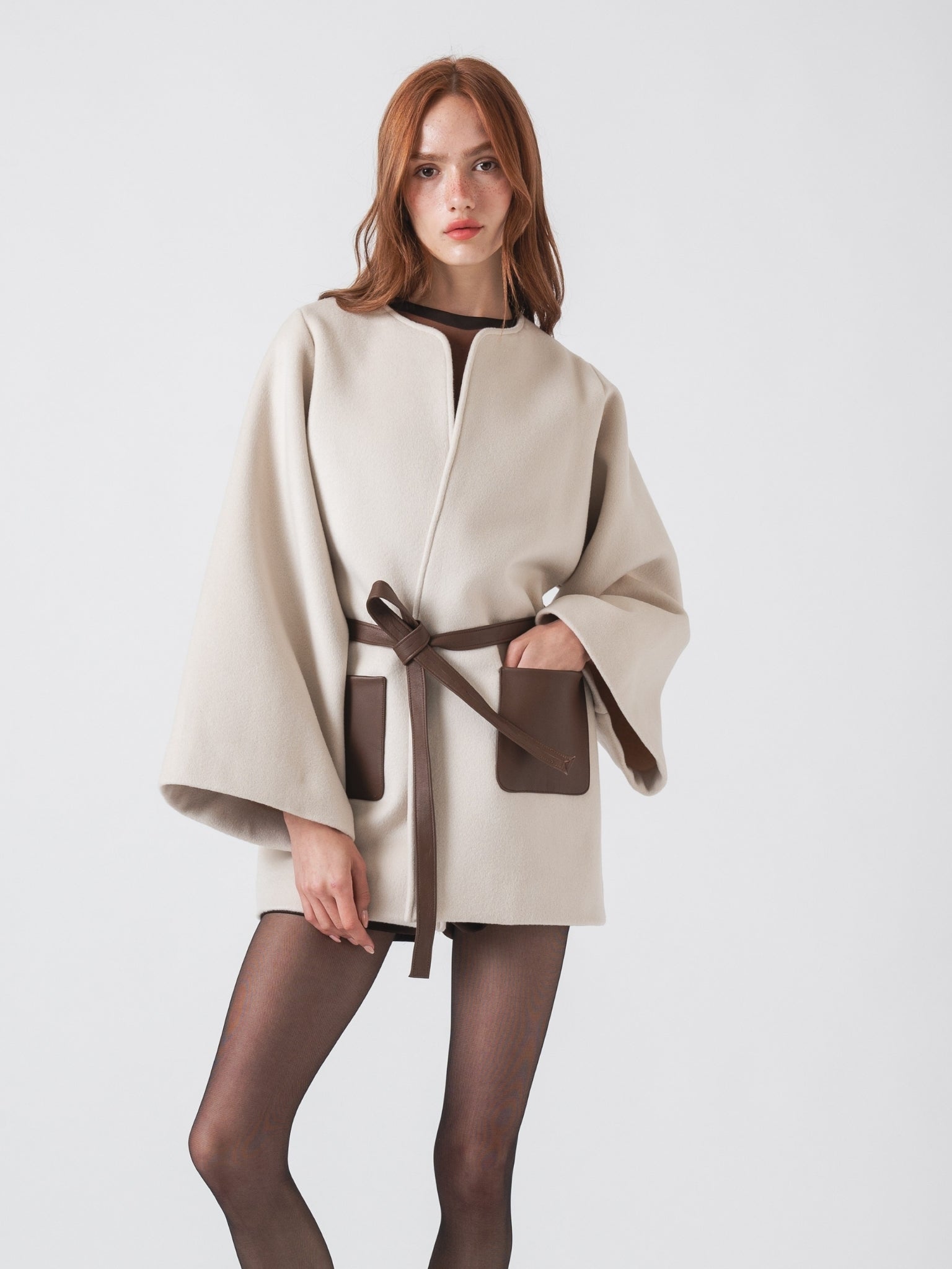 FUSION COAT - OFF WHITE CASHMERE BLEND & LEATHER