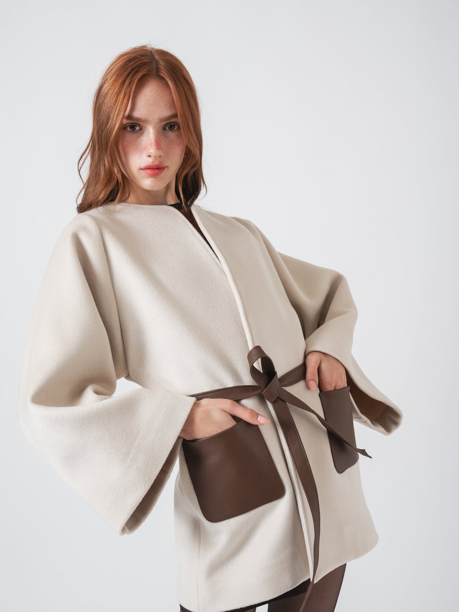 FUSION COAT - OFF WHITE CASHMERE BLEND & LEATHER