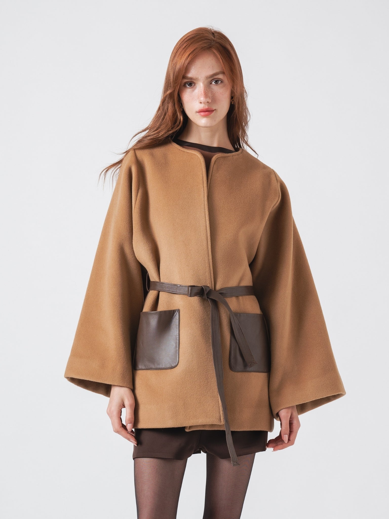 FUSION COAT - CAMEL CASHMERE BLEND & LEATHER