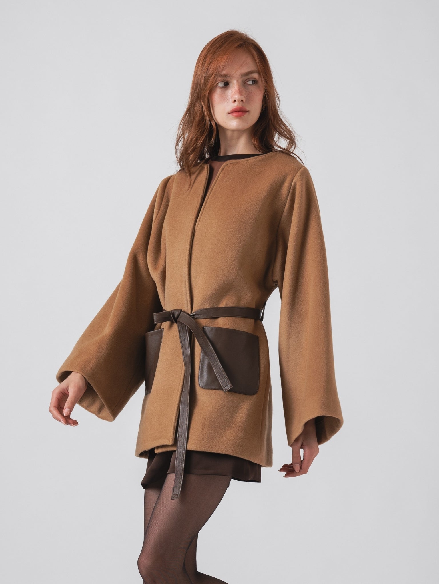 FUSION COAT - CAMEL CASHMERE BLEND & LEATHER