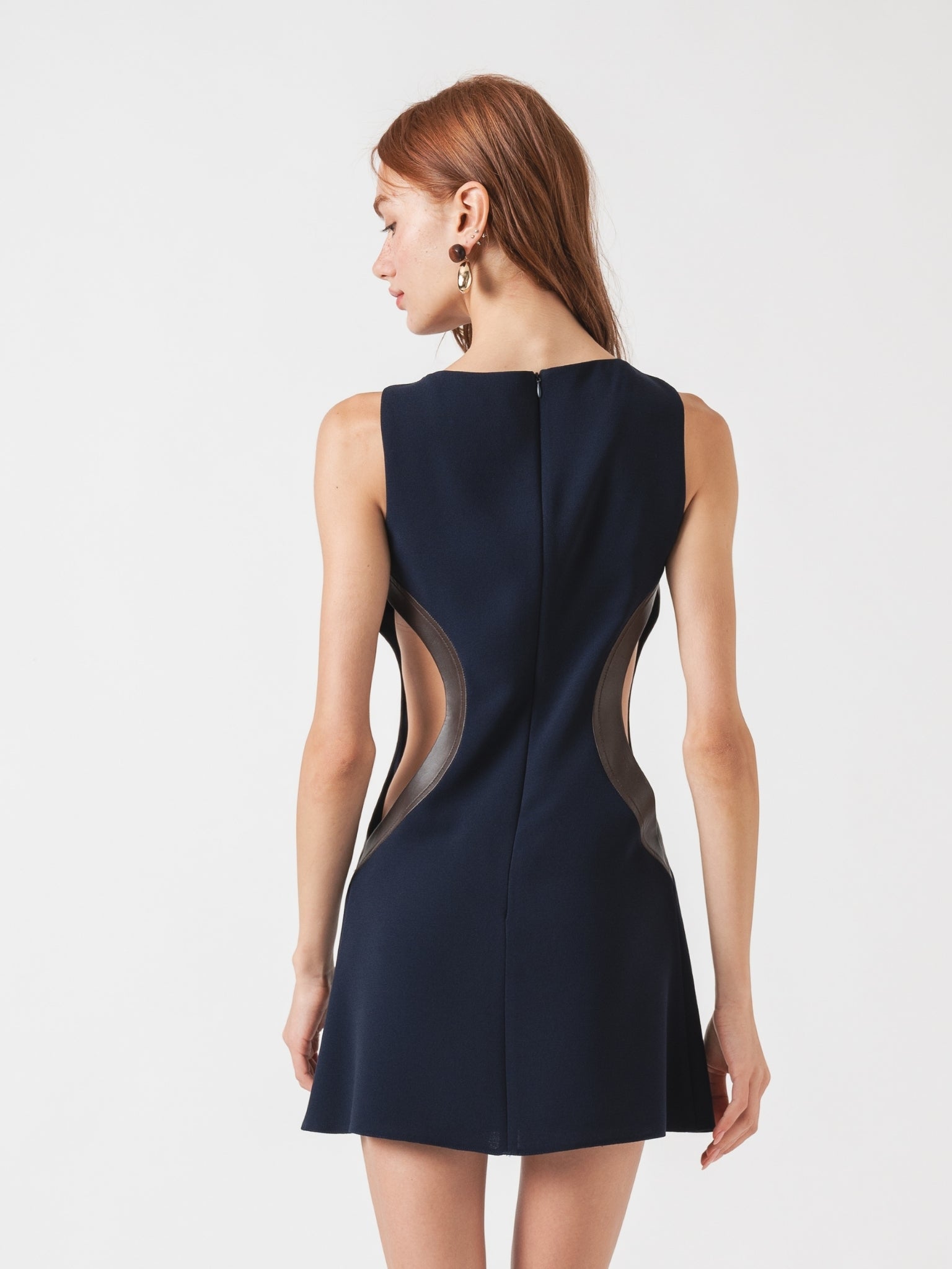 IVY MINI DRESS - NAVY WITH BROWN LAMBSKIN LEATHER