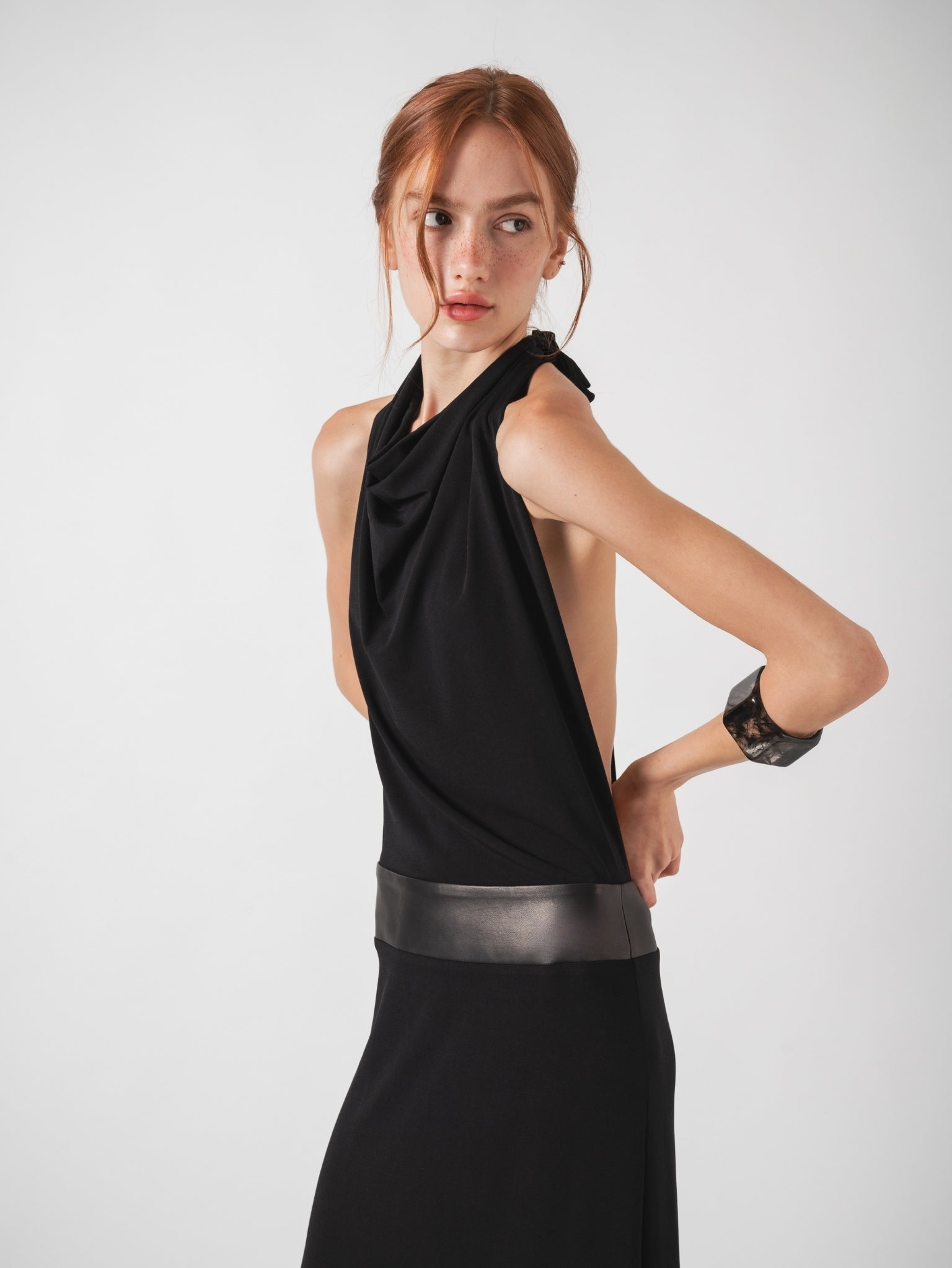 HALO MAXI DRESS - BLACK WITH LAMBSKIN LEATHER