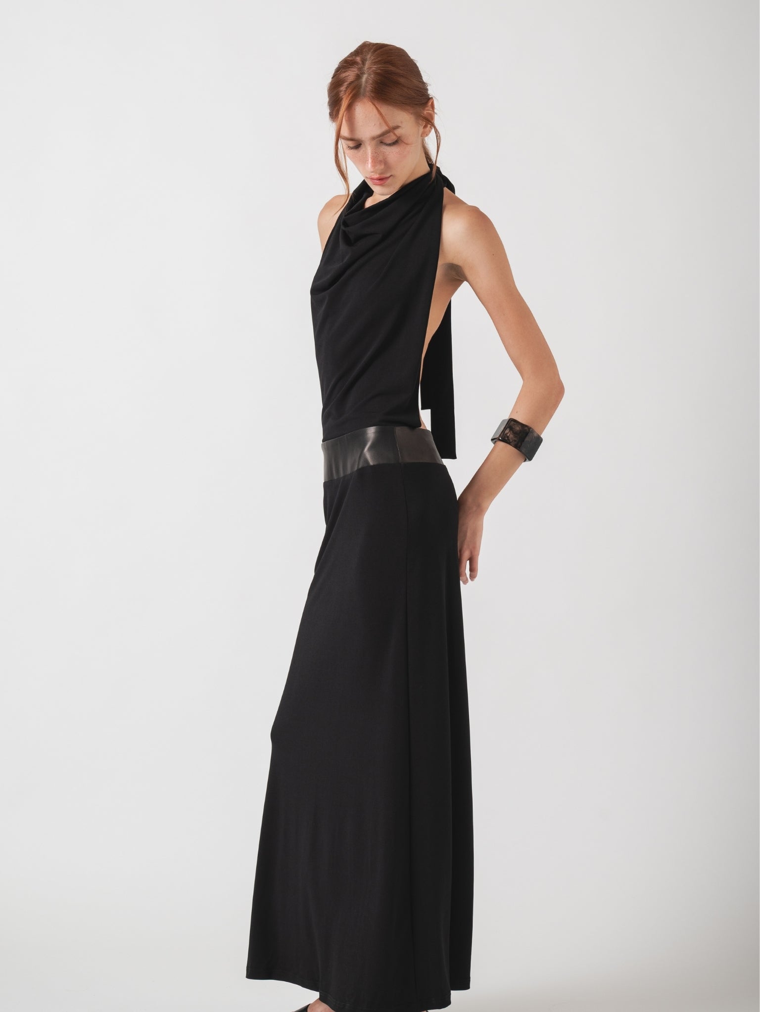 HALO MAXI DRESS - BLACK WITH LAMBSKIN LEATHER