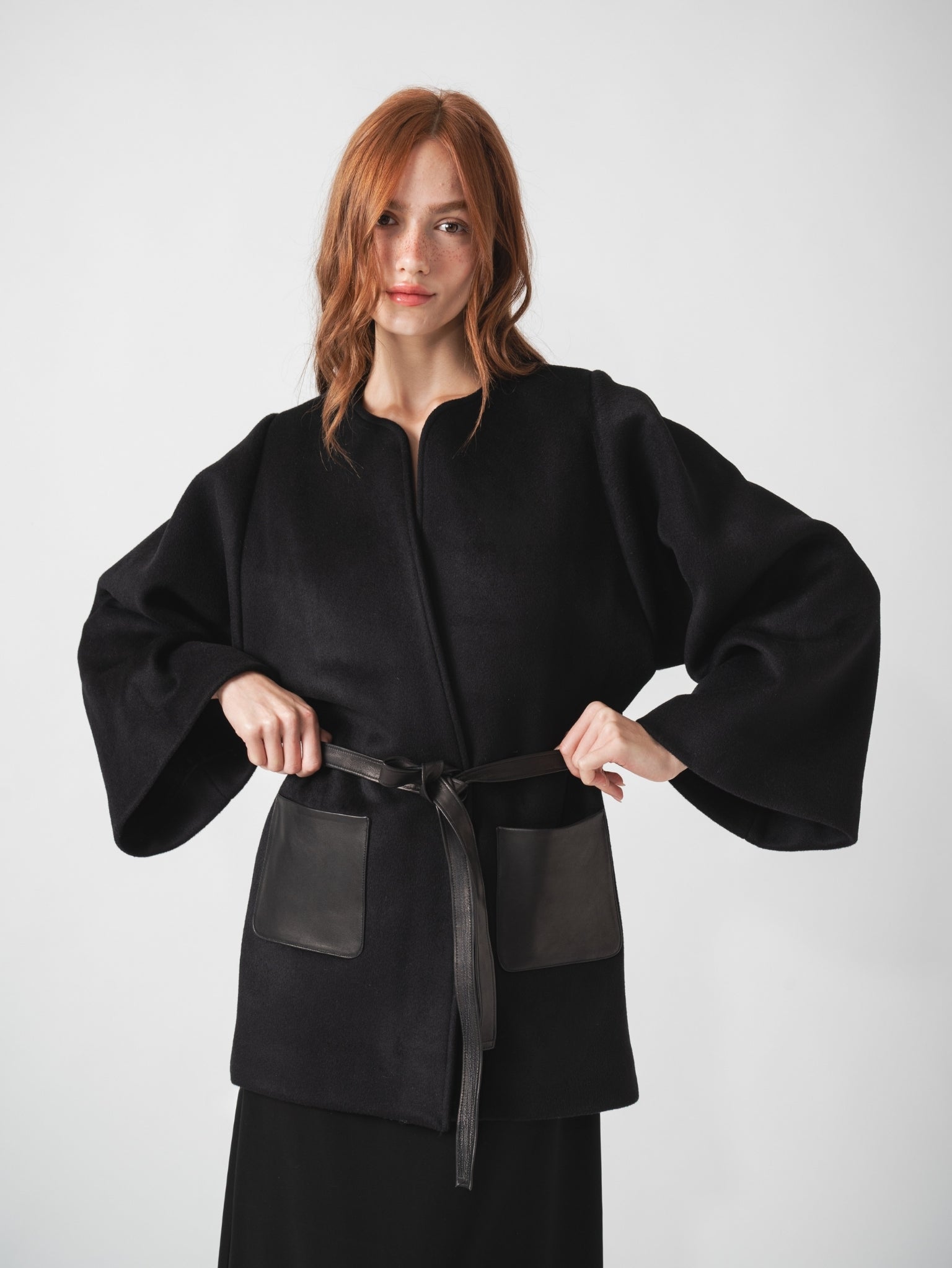 FUSION COAT - BLACK CASHMERE BLEND & LEATHER