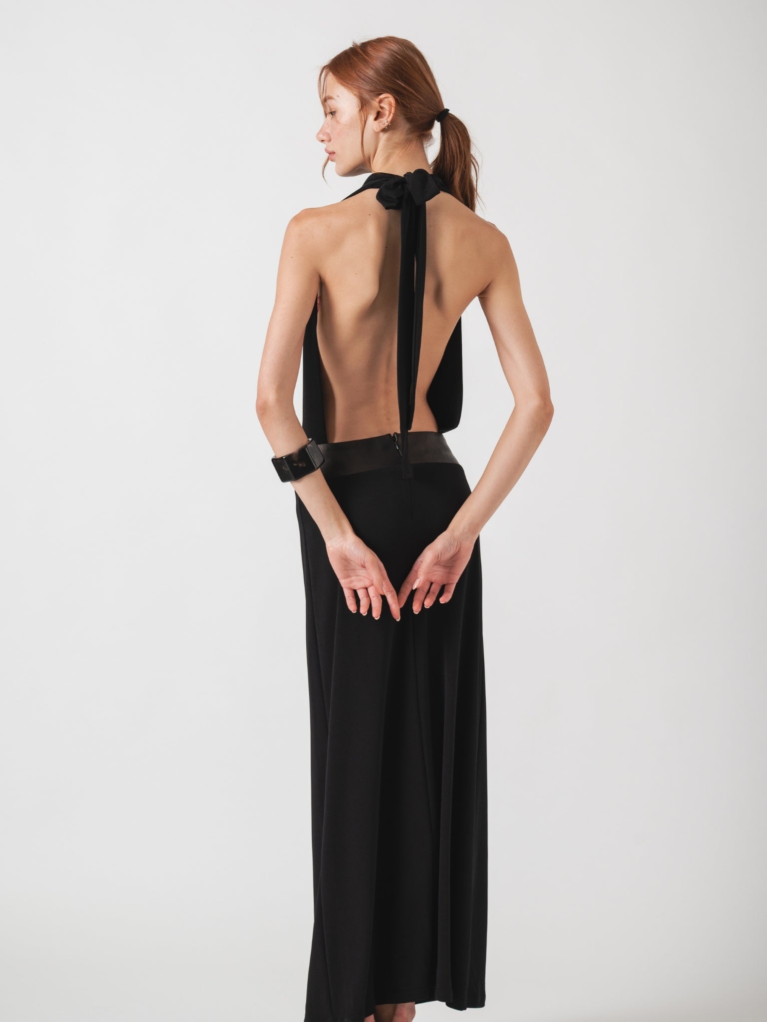 HALO MAXI DRESS - BLACK WITH LAMBSKIN LEATHER
