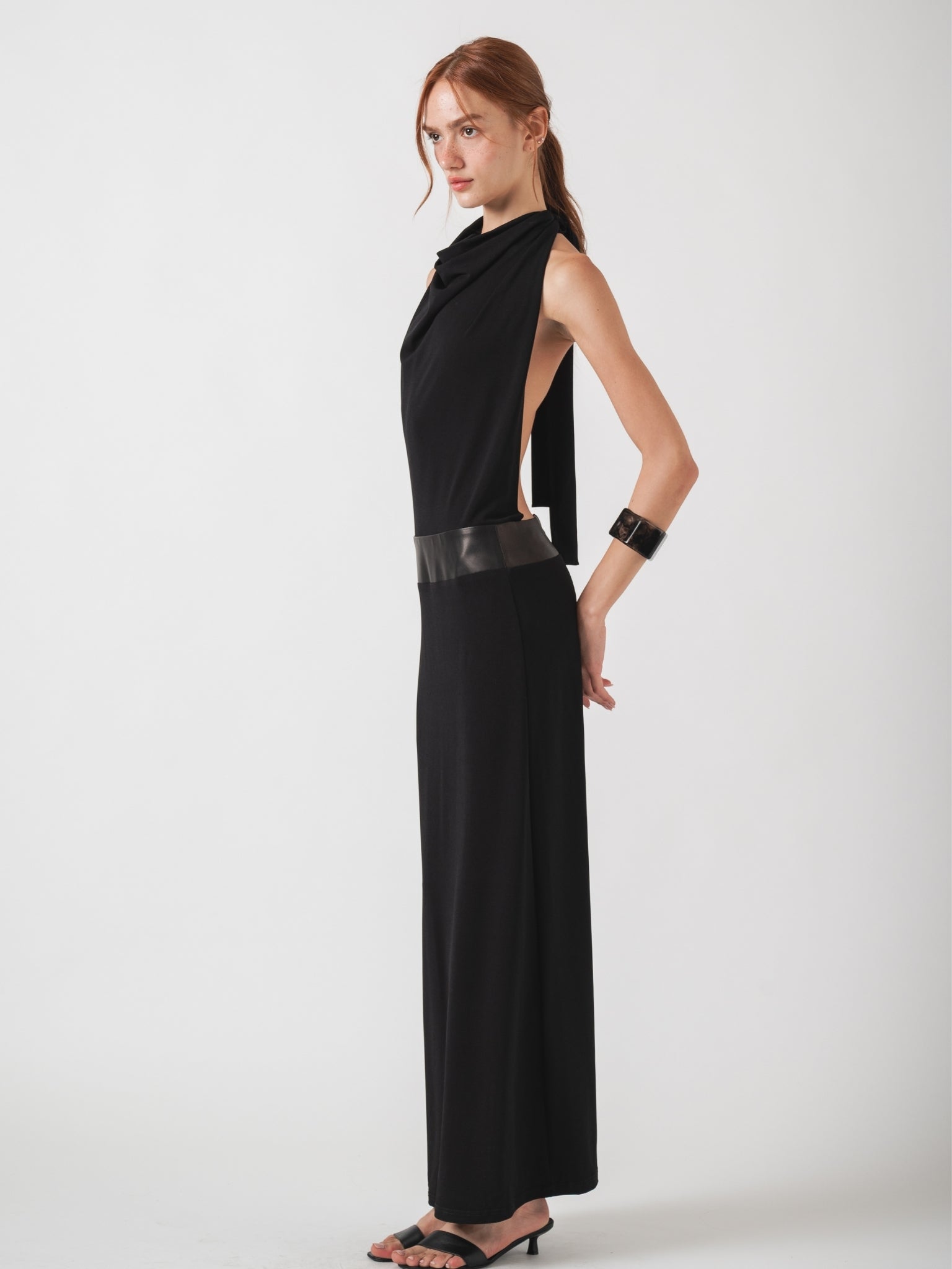 HALO MAXI DRESS - BLACK WITH LAMBSKIN LEATHER