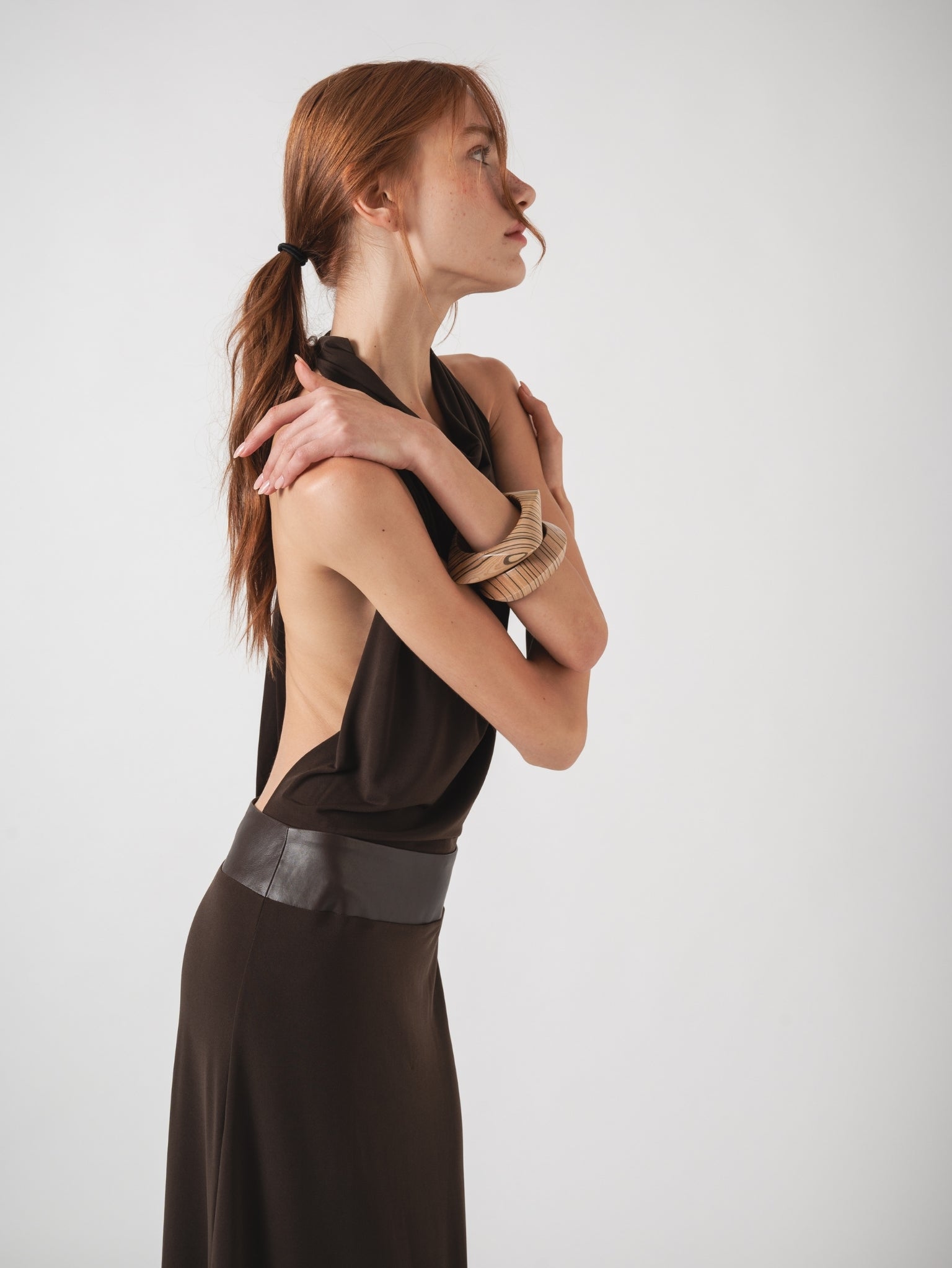 HALO MAXI DRESS - BROWN WITH LAMBSKIN LEATHER