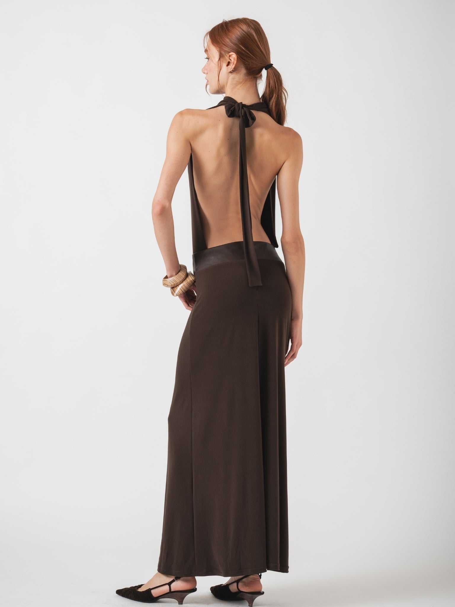 HALO MAXI DRESS - BROWN WITH LAMBSKIN LEATHER