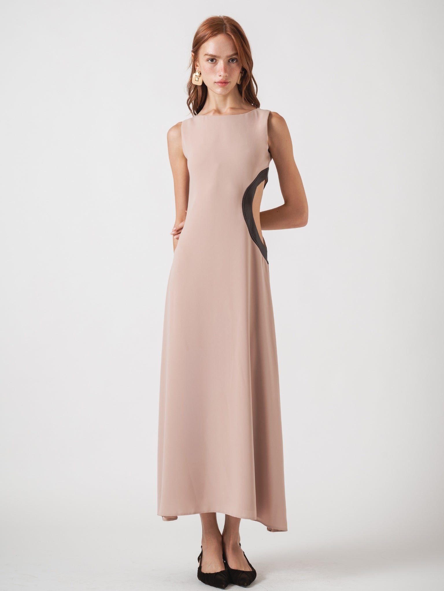 IRIDE MAXI DRESS - MARFA BEIGE & BROWN LAMBSKIN LEATHER