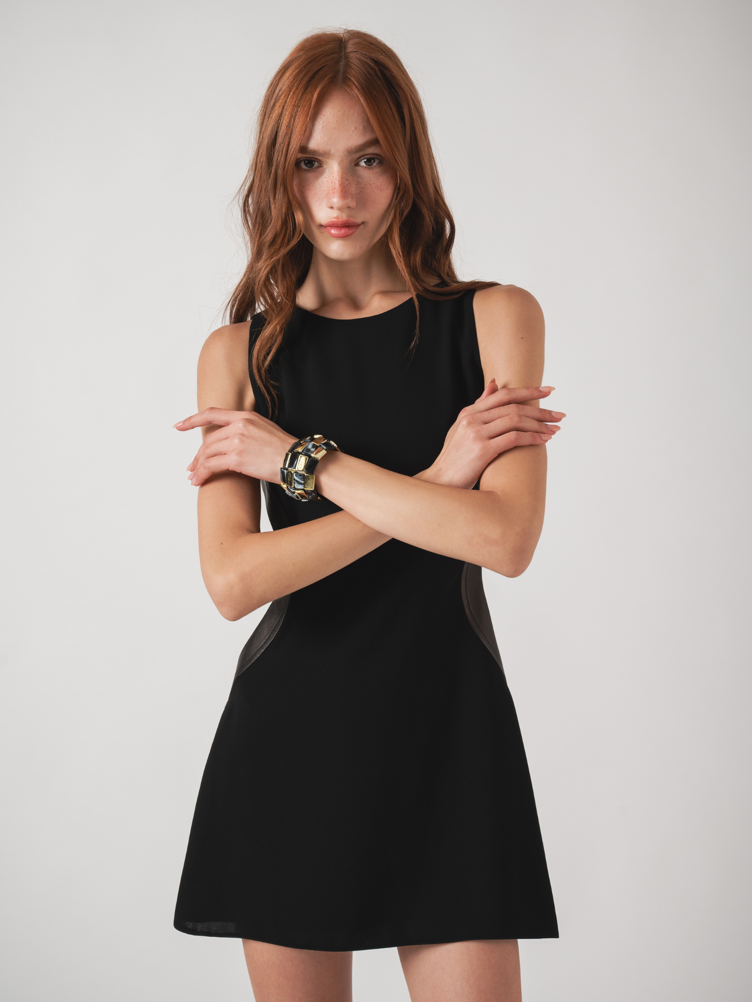 IVY MINI DRESS - BLACK WITH LEATHER